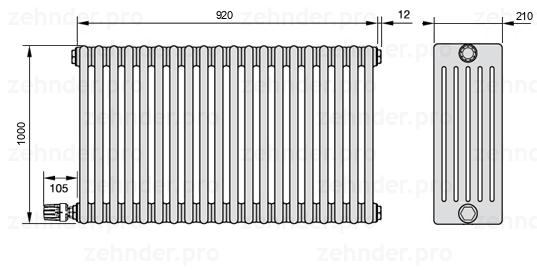Схема (чертеж) Радиатор Zehnder Charleston 6100/20 №V003 Белый глянцевый RAL 9016